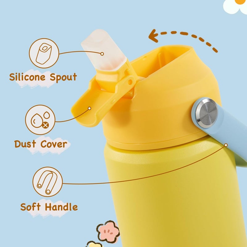 Kerilyn 12oz Kids Water Bottle 2 Pack, Stainless Steel Insulated Water Bottle Bulk, Toddler Cups with Straws Leak-Proof, Kids Water Bottles for School Boys Girls, BPA Free, Cantaloupe + Yellow - Image 3